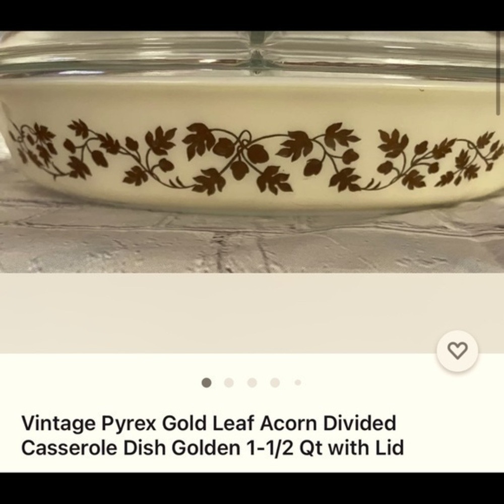 Vintage Pyrex gold leaf acorn divided casserole dish with lid.
